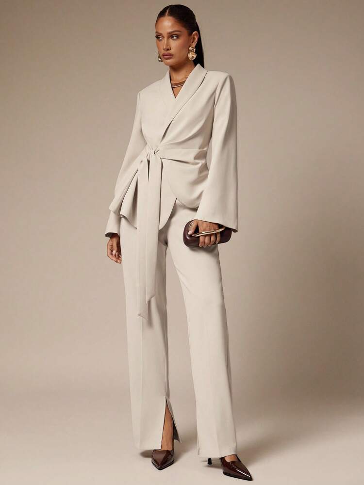 Women's Shawl Collar Long Sleeve Elegant Blazer Business Casual Attire Old Money Style White Lace-Up Suit Jacket Fall Outfit Chic