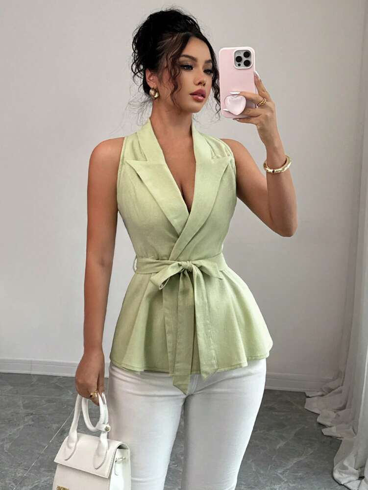 Women's Sleeveless A-Line Shirt Linen Style Cinched Waist Elegant Commuter Casual Office Holiday Versatile Blouse Top For Women