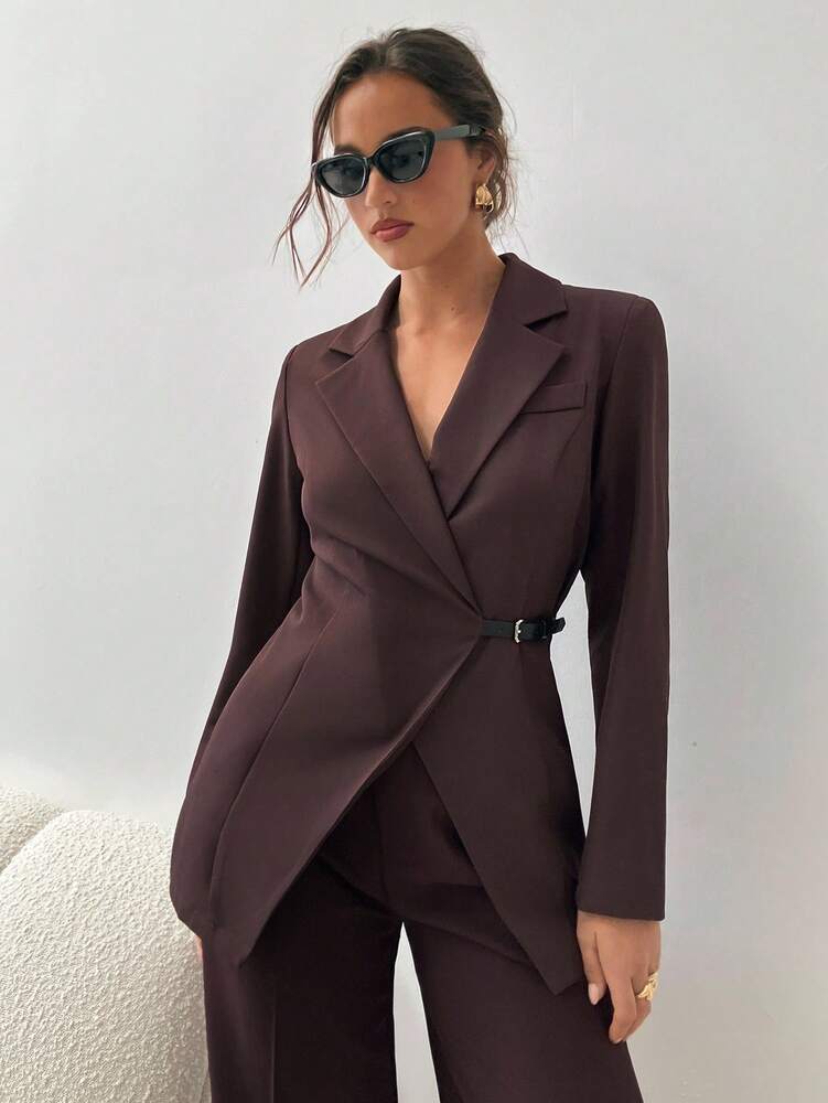 Women's Brown Lapel Blazer Elegant Commuter Business Casual Jacket Fall Winter Outfit For Ladies Slim Fit Fashion Office Wear