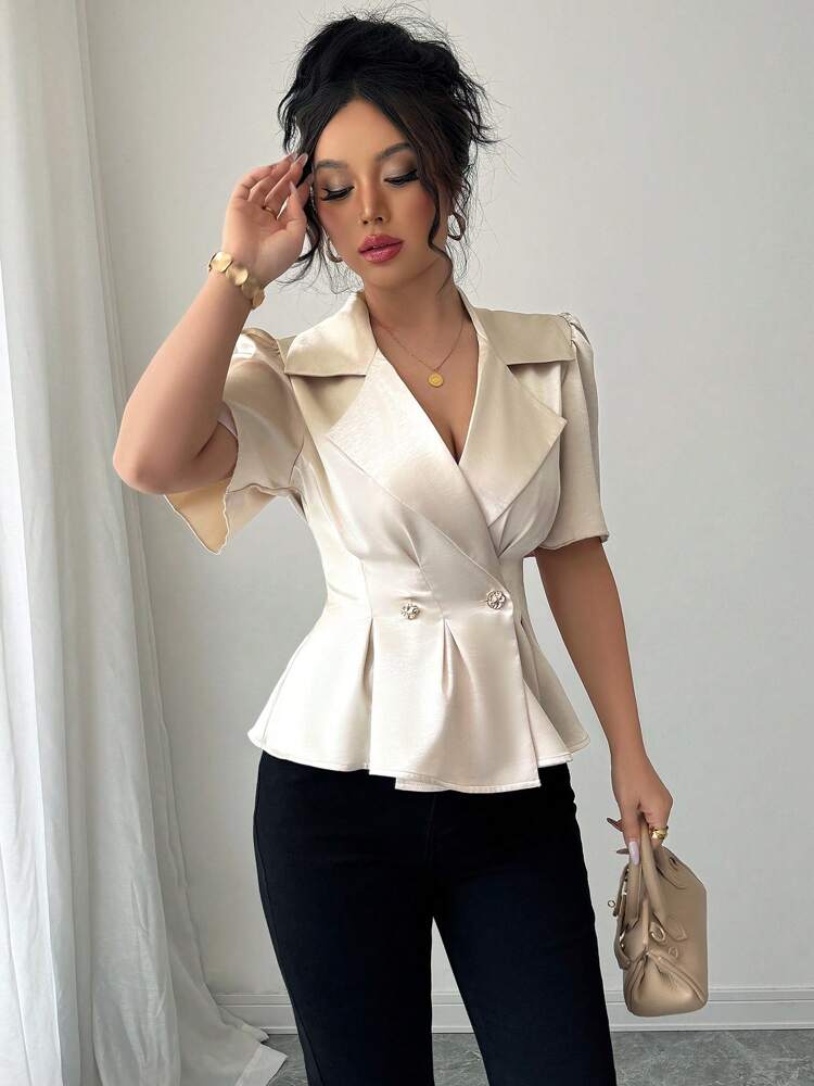 Women's Solid Color Lapel Neck Puff Sleeve Elegant Blouse Casual Business Attire Commuter Office Outfit Fashion Chic For Women
