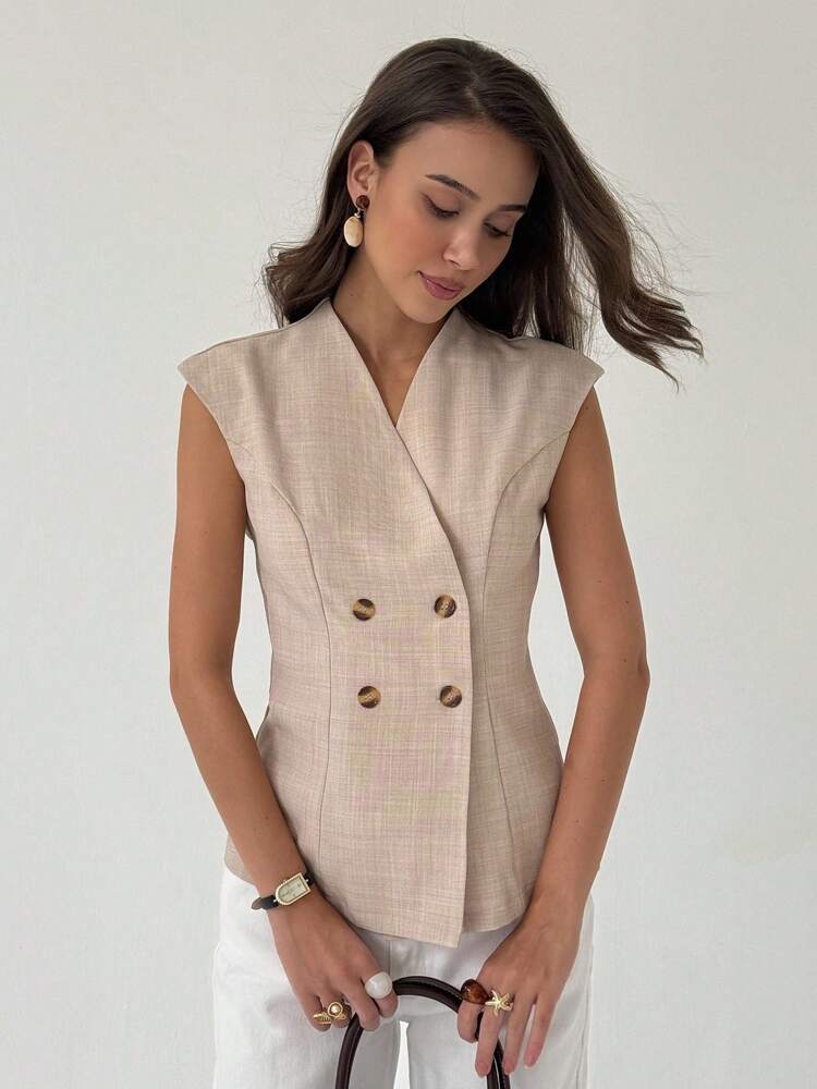 Women's Double Breasted Thin Blazer Jacket Elegant Solid Color Commuter Suit Casual Business Fashion Slim Fit Outfit For Women