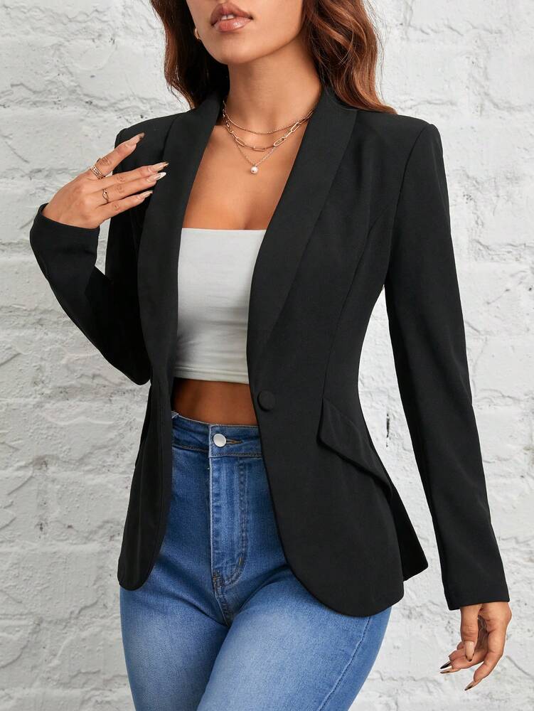 Women's Black Shawl Collar Single Button Suit Jacket Autumn Winter Commuter Business Casual Petite Elegant Office Blazer Chic