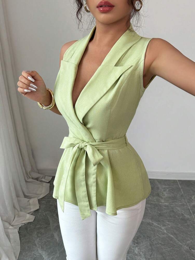 Women's Sleeveless A-Line Shirt Linen Style Cinched Waist Elegant Commuter Casual Office Holiday Versatile Blouse Top For Women