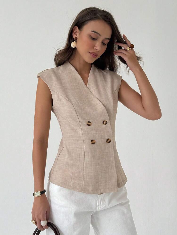 Women's Double Breasted Thin Blazer Jacket Elegant Solid Color Commuter Suit Casual Business Fashion Slim Fit Outfit For Women