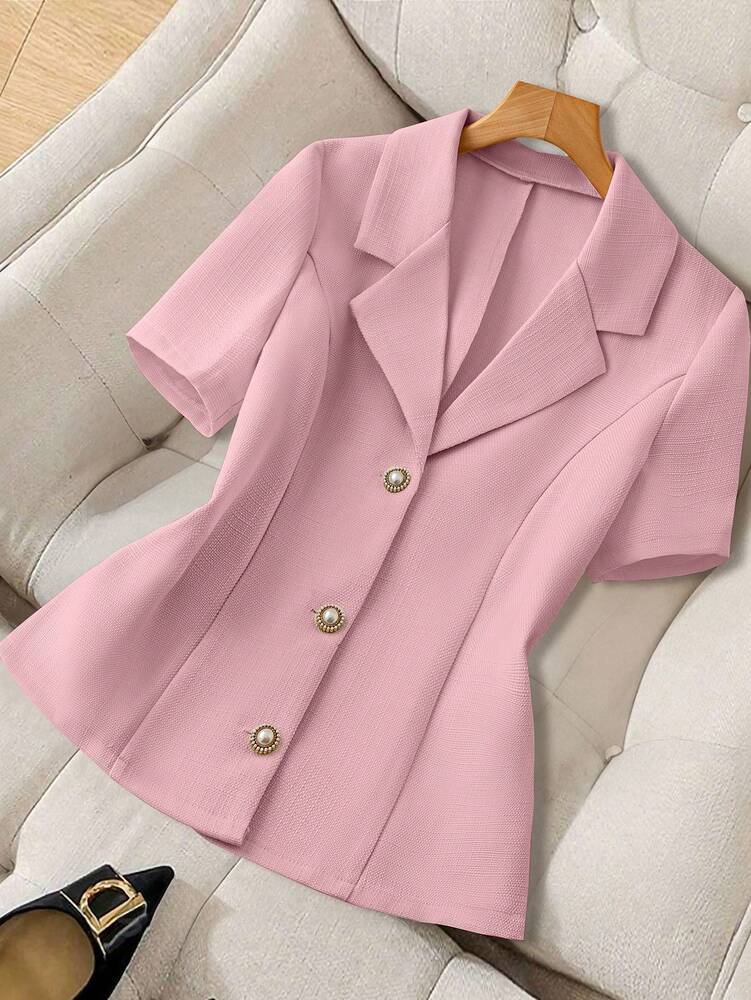 Women's Short Sleeve Blazer Faux Pearl Metal Button French Style Elegant Casual Commuter Outfit Spring Summer Business Jacket
