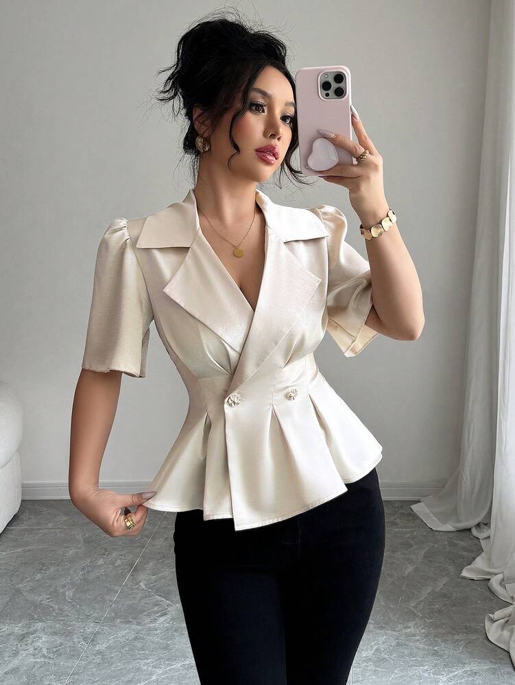 Women's Solid Color Lapel Neck Puff Sleeve Elegant Blouse Casual Business Attire Commuter Office Outfit Fashion Chic For Women