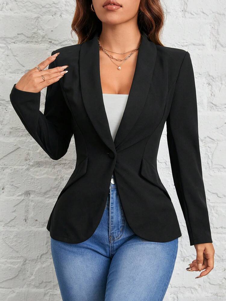 Women's Black Shawl Collar Single Button Suit Jacket Autumn Winter Commuter Business Casual Petite Elegant Office Blazer Chic