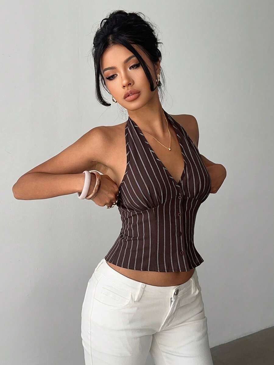 Women's Cotton Striped Stand Collar Single Breasted Vest Thin Suit Jacket Elegant Casual Commuter Outfit Business Fashion Chic
