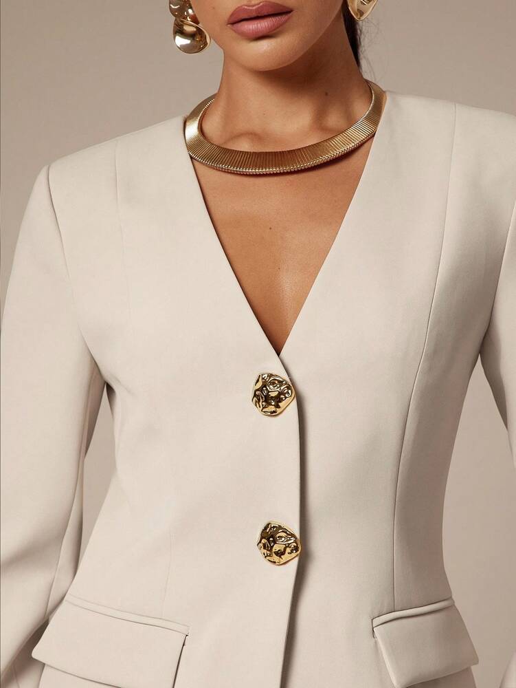 Women's Metallic Flower Decor Long Sleeve Suit Jacket Elegant Business Casual Attire Office Wear Party Outfit Fashion Old Money