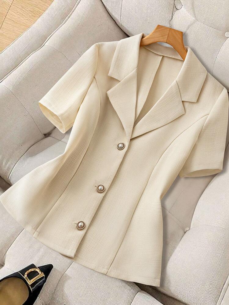 Women's Short Sleeve Blazer Faux Pearl Metal Button French Style Elegant Casual Commuter Outfit Spring Summer Business Jacket