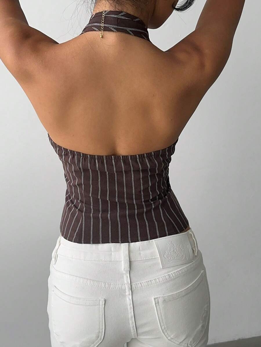 Women's Cotton Striped Stand Collar Single Breasted Vest Thin Suit Jacket Elegant Casual Commuter Outfit Business Fashion Chic