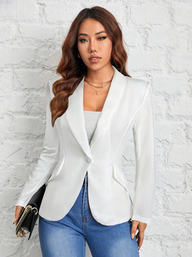 Women's Black Shawl Collar Single Button Suit Jacket Autumn Winter Commuter Business Casual Petite Elegant Office Blazer Chic