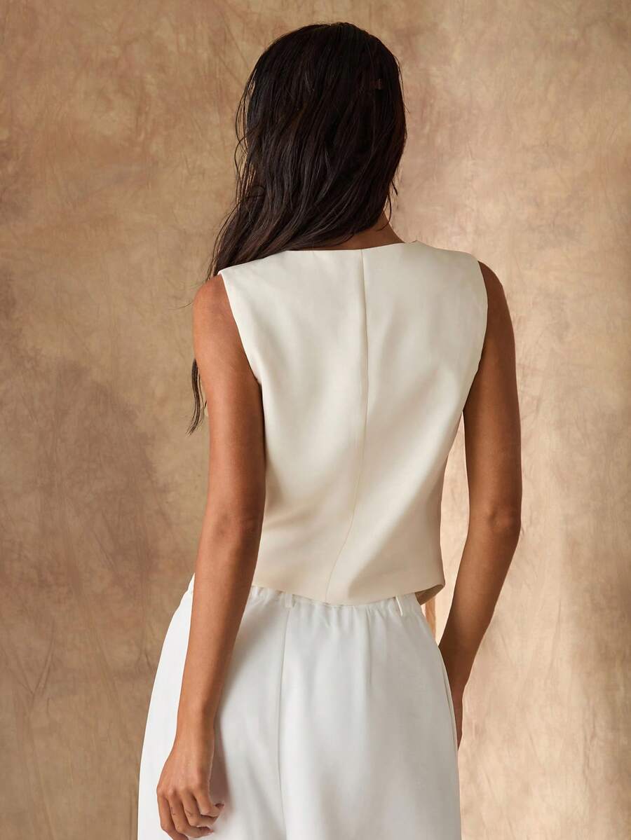 Women's Asymmetrical Hem Sleeveless Crop Vest Blazer With Unique Button Summer Elegant Casual Light Blue Jacket Fashion Chic