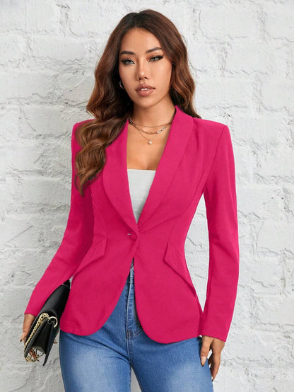 Women's Black Shawl Collar Single Button Suit Jacket Autumn Winter Commuter Business Casual Petite Elegant Office Blazer Chic
