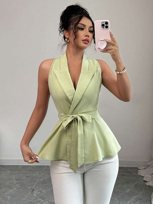 Women's Sleeveless A-Line Shirt Linen Style Cinched Waist Elegant Commuter Casual Office Holiday Versatile Blouse Top For Women