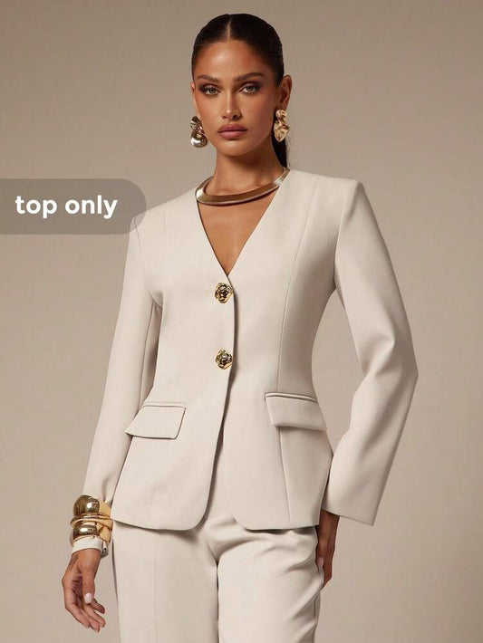 Women's Metallic Flower Decor Long Sleeve Suit Jacket Elegant Business Casual Attire Office Wear Party Outfit Fashion Old Money