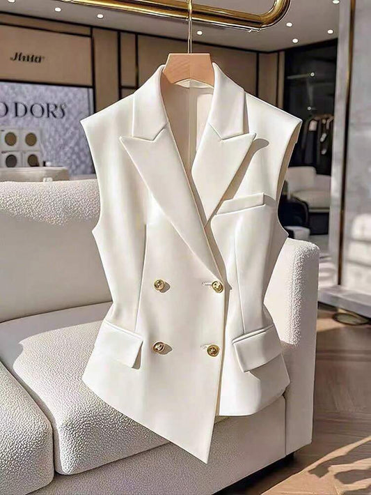 Women's Double Breasted Sleeveless Blazer Peak Collar Elegant Business Solid Color Suit Jacket Casual Commuter Office Outfit