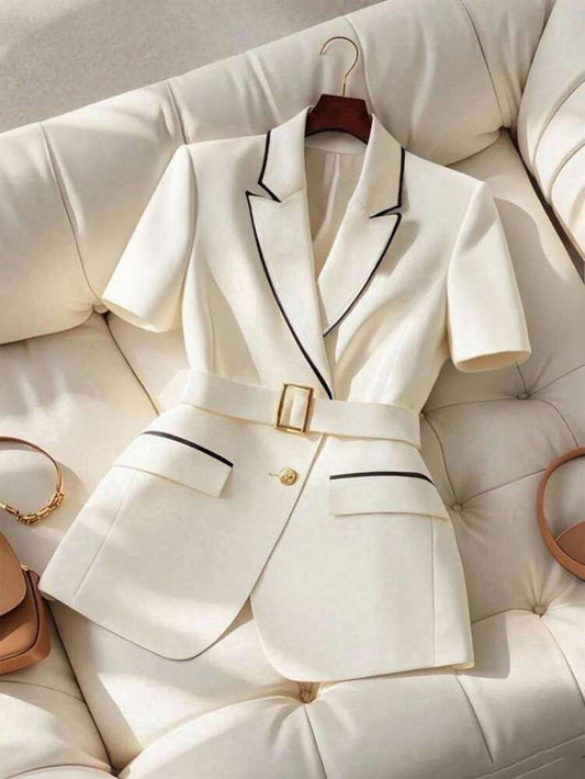 Women's Short Sleeve Blazer Color Block Trim Elegant Commuter Summer Business Casual Single Breasted Suit Jacket Fashion Chic