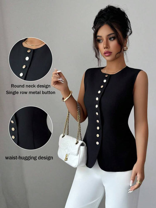 Women's Minimalist Sleeveless Blazer Casual Jacket Metal Lapel Design Elegant Fashion Versatile Business Outfit For Ladies Chic