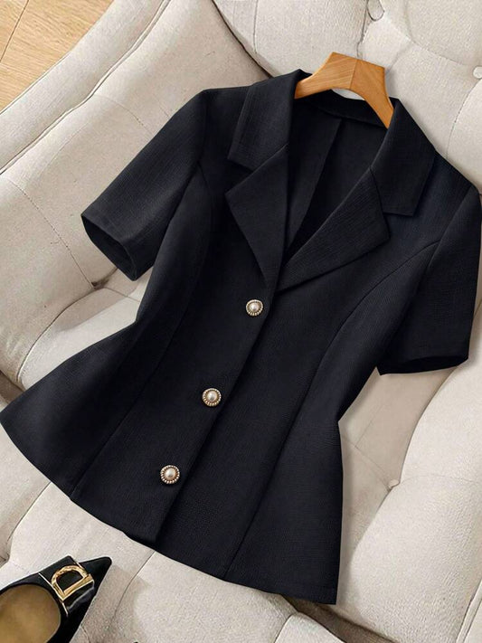Women's Short Sleeve Blazer Faux Pearl Metal Button French Style Elegant Casual Commuter Outfit Spring Summer Business Jacket