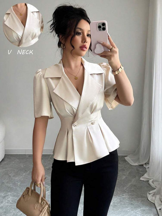 Women's Solid Color Lapel Neck Puff Sleeve Elegant Blouse Casual Business Attire Commuter Office Outfit Fashion Chic For Women