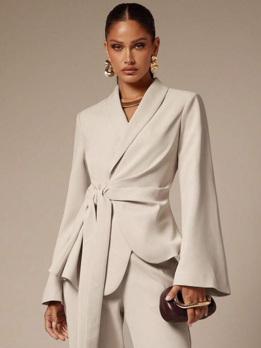 Women's Shawl Collar Long Sleeve Elegant Blazer Business Casual Attire Old Money Style White Lace-Up Suit Jacket Fall Outfit Chic