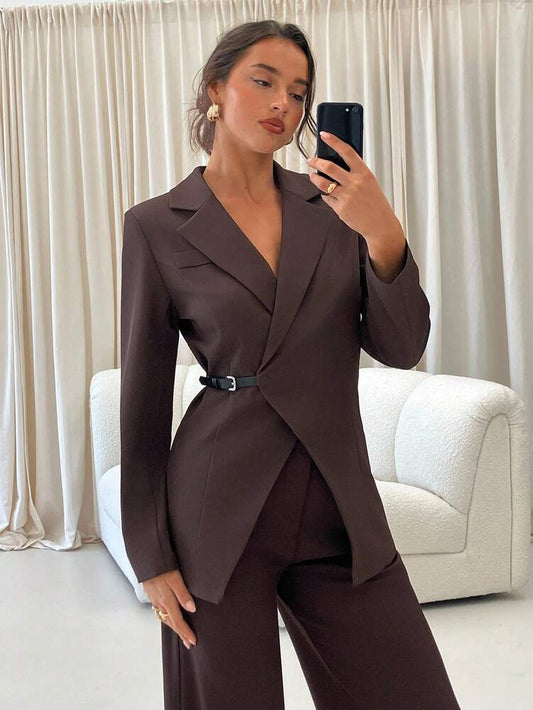 Women's Brown Lapel Blazer Elegant Commuter Business Casual Jacket Fall Winter Outfit For Ladies Slim Fit Fashion Office Wear