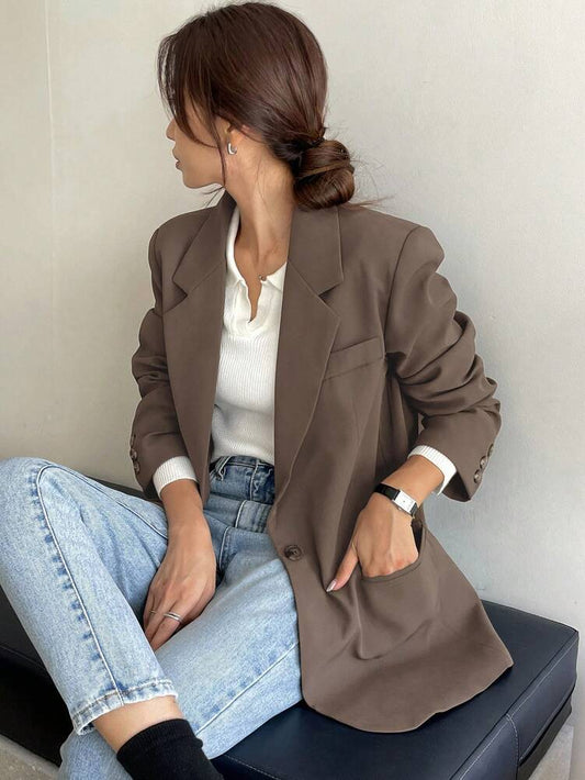 Women's Solid Color Long Sleeve Turndown Collar Casual Business Blazer Elegant Fall Outfit Daily Work Clothes Office Attire