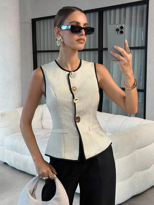 Women's French Style Sleeveless Vest With Big Metal Buttons Elegant Commuter Suit Jacket Casual Daily Business Attire Fashion