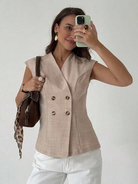 Women's Double Breasted Thin Blazer Jacket Elegant Solid Color Commuter Suit Casual Business Fashion Slim Fit Outfit For Women