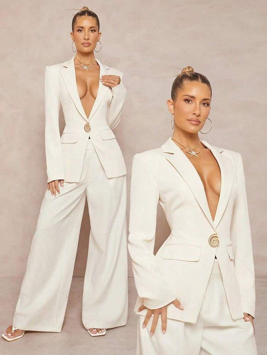 Women's White Suit Jacket Waist Cinched Padded Shoulder Blazer Elegant Layered Business Formal Festival Wedding Party Outfit Chic