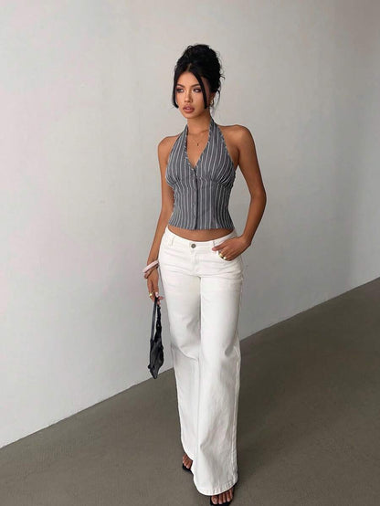 Women's Cotton Striped Stand Collar Single Breasted Vest Thin Suit Jacket Elegant Casual Commuter Outfit Business Fashion Chic