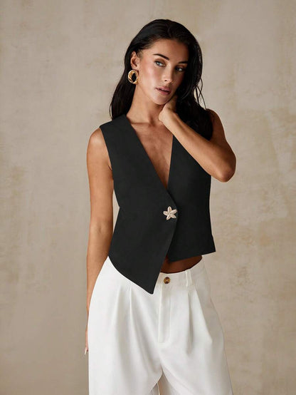 Women's Asymmetrical Hem Sleeveless Crop Vest Blazer With Unique Button Summer Elegant Casual Light Blue Jacket Fashion Chic