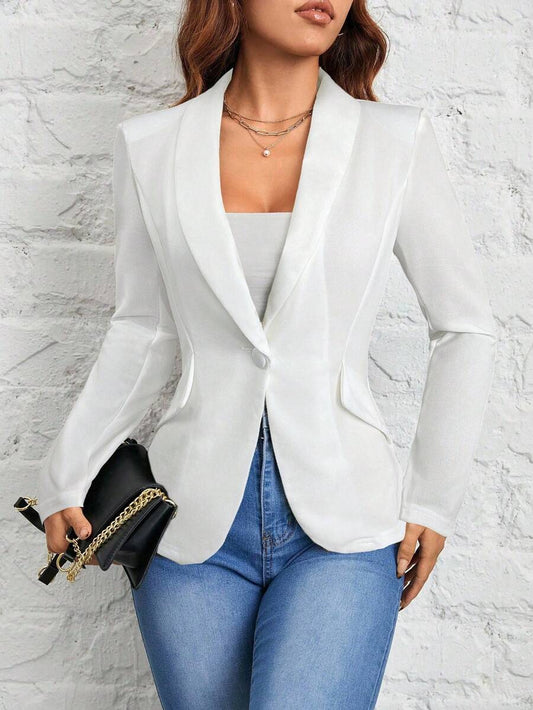 Women's Black Shawl Collar Single Button Suit Jacket Autumn Winter Commuter Business Casual Petite Elegant Office Blazer Chic