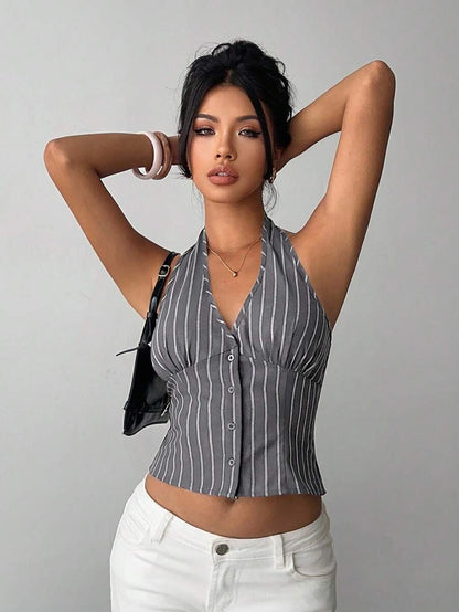 Women's Cotton Striped Stand Collar Single Breasted Vest Thin Suit Jacket Elegant Casual Commuter Outfit Business Fashion Chic