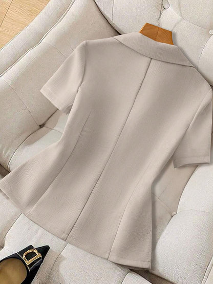 Women's Short Sleeve Blazer Faux Pearl Metal Button French Style Elegant Casual Commuter Outfit Spring Summer Business Jacket