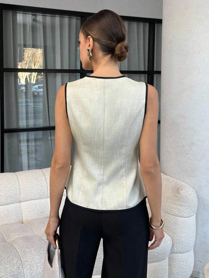 Women's French Style Sleeveless Vest With Big Metal Buttons Elegant Commuter Suit Jacket Casual Daily Business Attire Fashion
