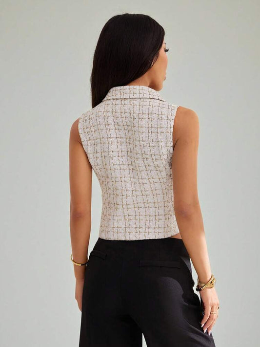 Women's Petite Tweed Sleeveless Blazer Notch Collar Elegant Fashionable Suit Vest Jacket Casual Business Office Attire Summer