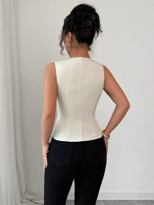 Women's Contrasting V-Neck French Style Sleeveless Vest Shirt Waistcoat Elegant Fashionable Summer Business Outfit Casual Chic