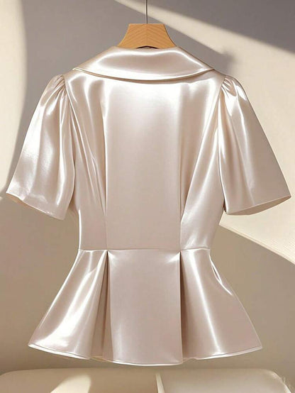 Women's Solid Color Lapel Neck Puff Sleeve Elegant Blouse Casual Business Attire Commuter Office Outfit Fashion Chic For Women