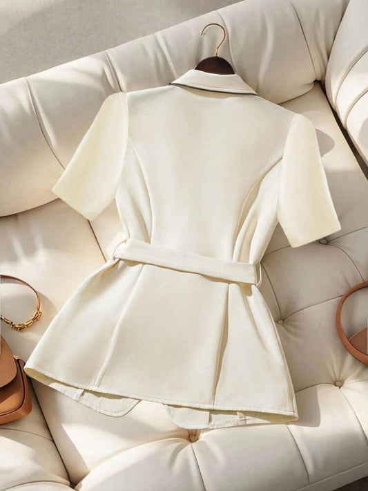Women's Short Sleeve Blazer Color Block Trim Elegant Commuter Summer Business Casual Single Breasted Suit Jacket Fashion Chic