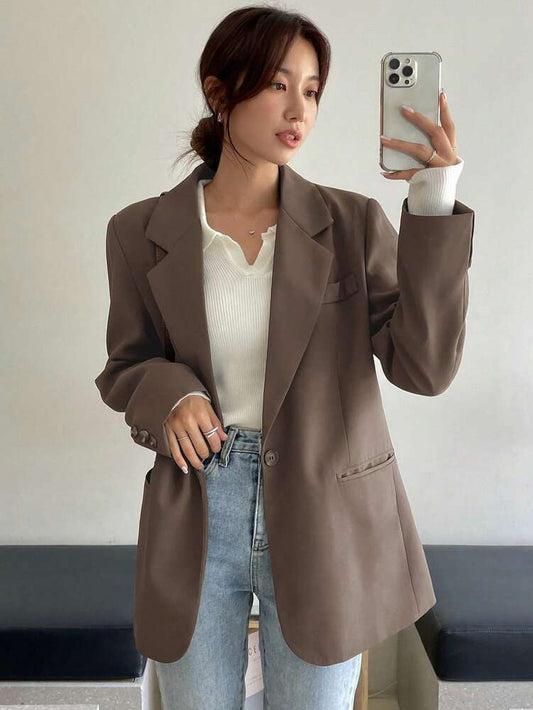 Women's Solid Color Long Sleeve Turndown Collar Casual Business Blazer Elegant Fall Outfit Daily Work Clothes Office Attire