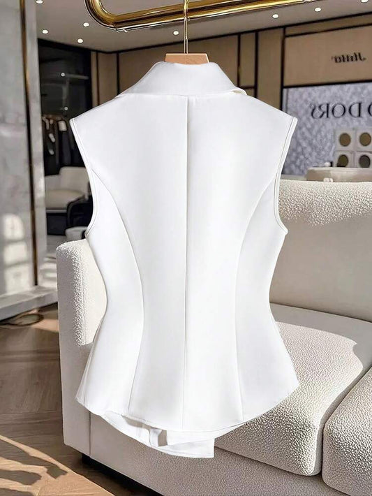 Women's Double Breasted Sleeveless Blazer Peak Collar Elegant Business Solid Color Suit Jacket Casual Commuter Office Outfit