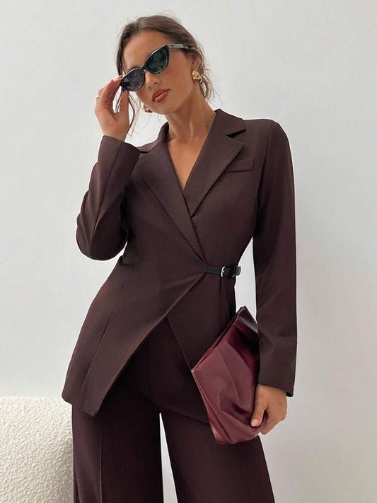 Women's Brown Lapel Blazer Elegant Commuter Business Casual Jacket Fall Winter Outfit For Ladies Slim Fit Fashion Office Wear