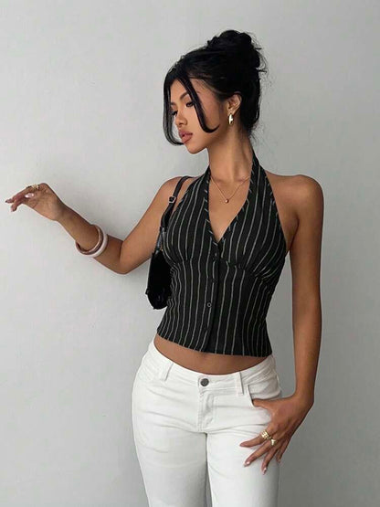 Women's Cotton Striped Stand Collar Single Breasted Vest Thin Suit Jacket Elegant Casual Commuter Outfit Business Fashion Chic