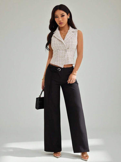 Women's Petite Tweed Sleeveless Blazer Notch Collar Elegant Fashionable Suit Vest Jacket Casual Business Office Attire Summer