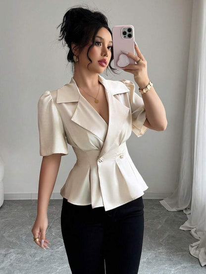 Women's Solid Color Lapel Neck Puff Sleeve Elegant Blouse Casual Business Attire Commuter Office Outfit Fashion Chic For Women