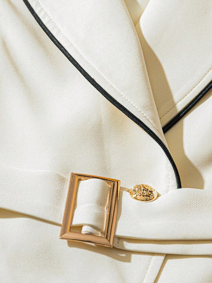 Women's Short Sleeve Blazer Color Block Trim Elegant Commuter Summer Business Casual Single Breasted Suit Jacket Fashion Chic