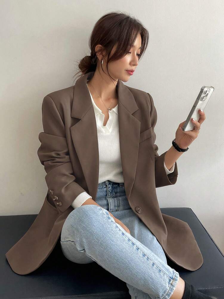 Women's Solid Color Long Sleeve Turndown Collar Casual Business Blazer Elegant Fall Outfit Daily Work Clothes Office Attire