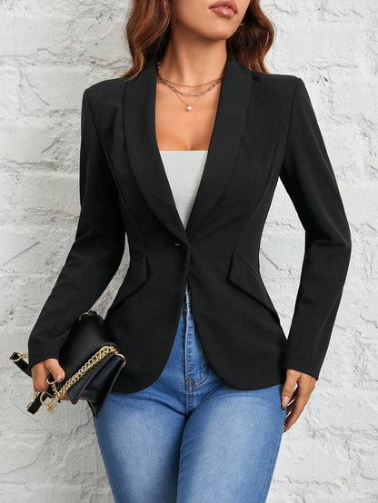 Women's Black Shawl Collar Single Button Suit Jacket Autumn Winter Commuter Business Casual Petite Elegant Office Blazer Chic